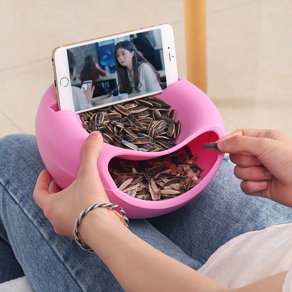 

Lazy Snack Bowl Plastic Double-Layer Snack Storage Box Bowl Fruit and Mobile Phone Bracket Chase Artifact Plate Home Accessories