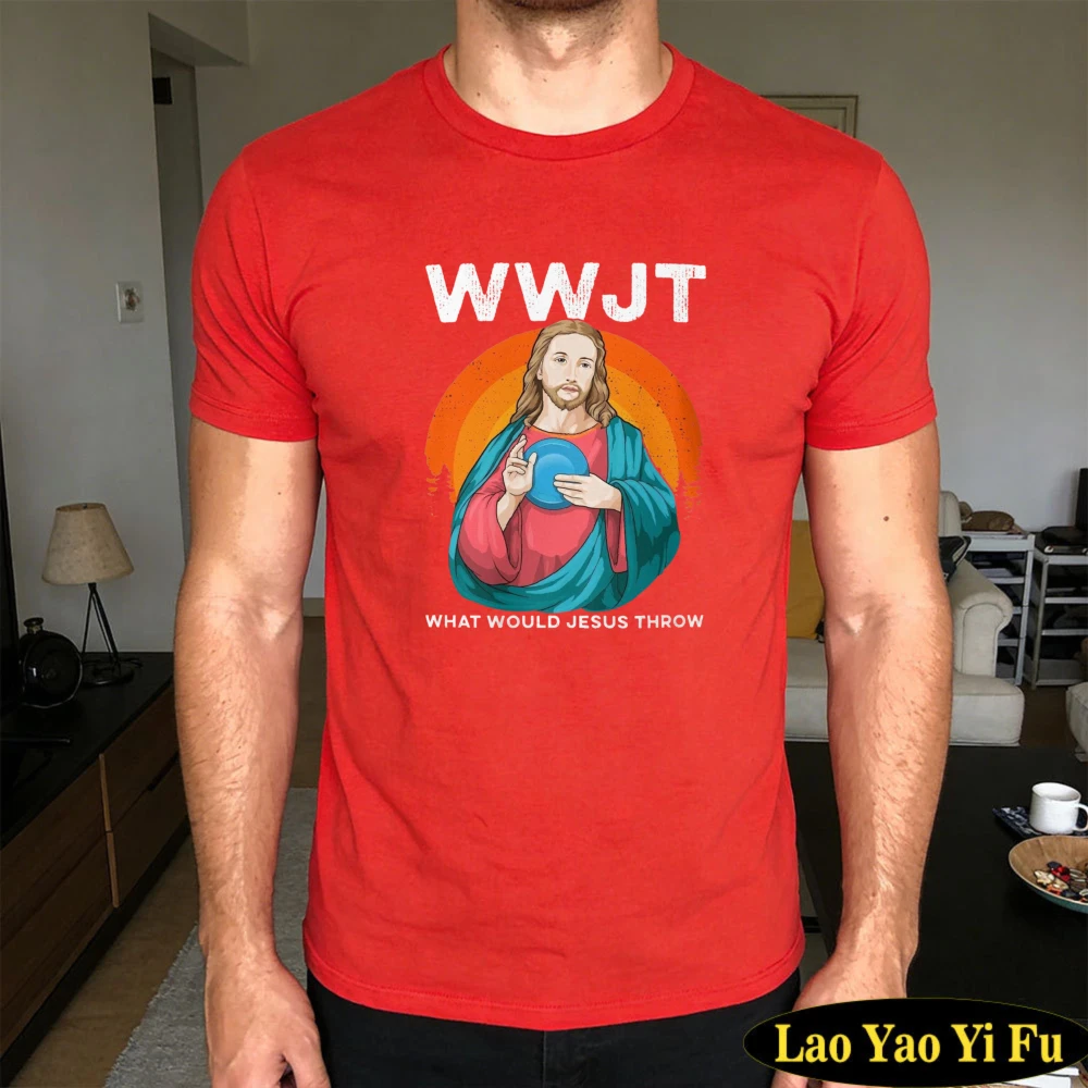 WWJT WHAT WOULD JESUS THROW Мужская футболка с графическим принтом, забавная, с изображением диск-гольфа, христианский юмор, ретро, для активного отдыха, повседневная, осенняя, с коротким рукавом. (art.: 3920dccf36767) - 3920dccf36767