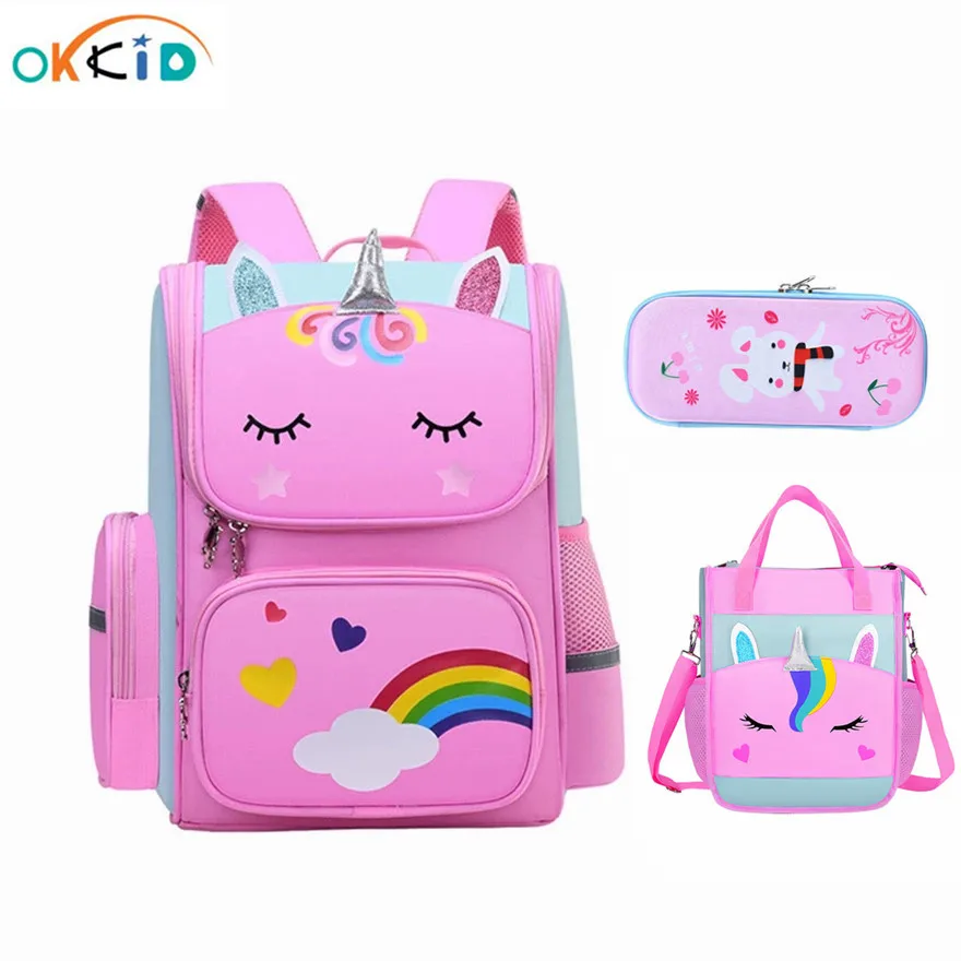 

OKKID elementary school bags for girls 6-12 years kids handbag cute 3D cartoon school backpack student book bag pen pencil bag
