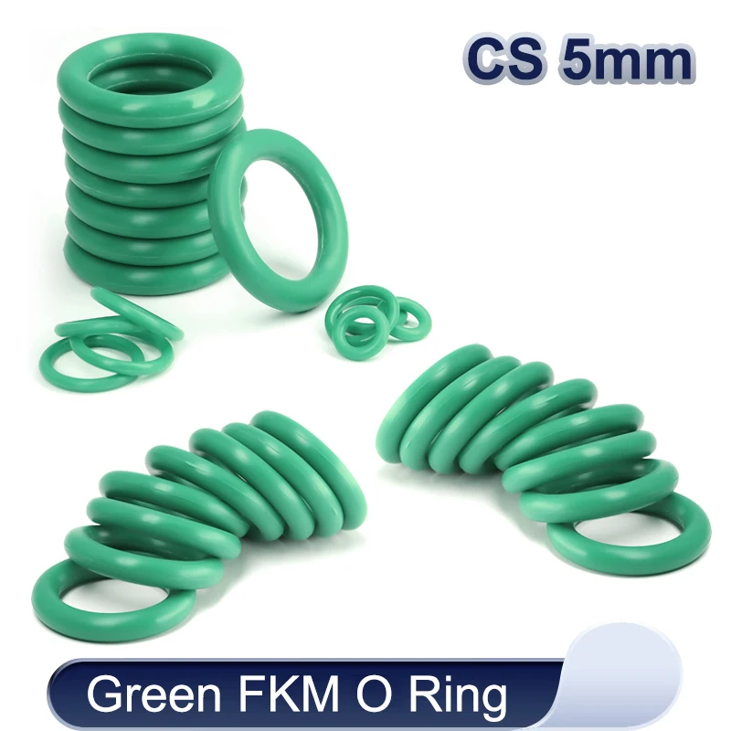 5/10pcs CS 5.0mm OD 16mm ~ 100mm Green FKM O Ring Sealing Gasket Oil Resistant High Temperature Resistance Fluorine Rubber Rings