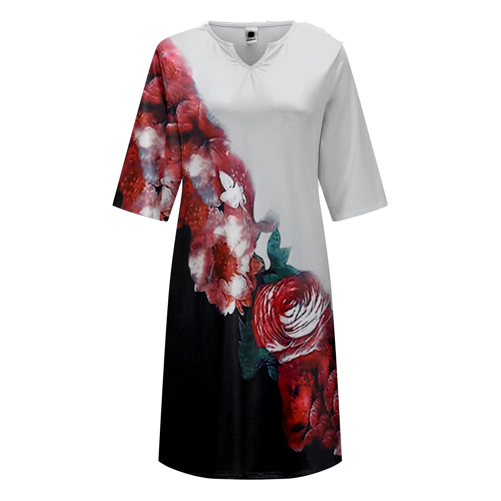 

Платье женское длинное с полурукавом, V-образным вырезом и цветочным принтом