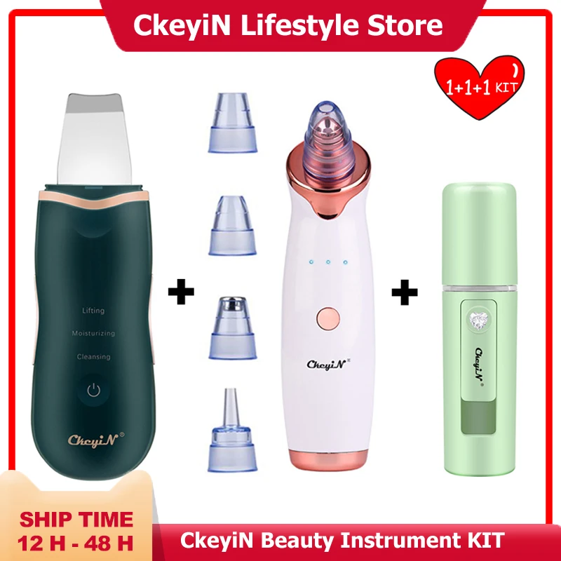 CkeyiN Blackhead Remover Face Skin Vacuum Suction Pore Cleaner + Ultrasonic Face Cleaning Machine + Nano Facial Sprayers Steamer