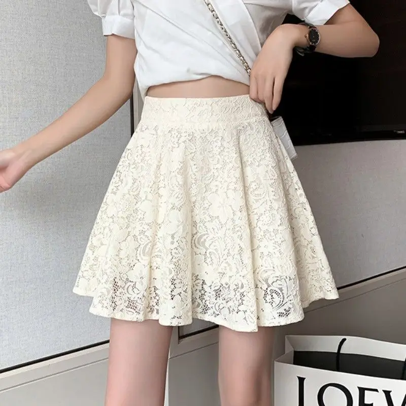 2023 summer new ultra-short mini skirt pants with lace  fashion A-line  pleated skirt  for women  A-LINE  Casual  Embroidery