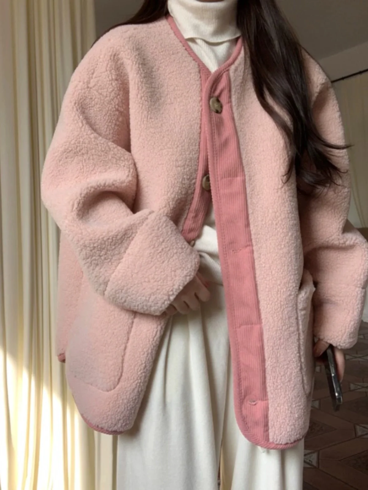 Японская мода Розовая верхняя одежда из овечьей шерсти с v-образным вырезом