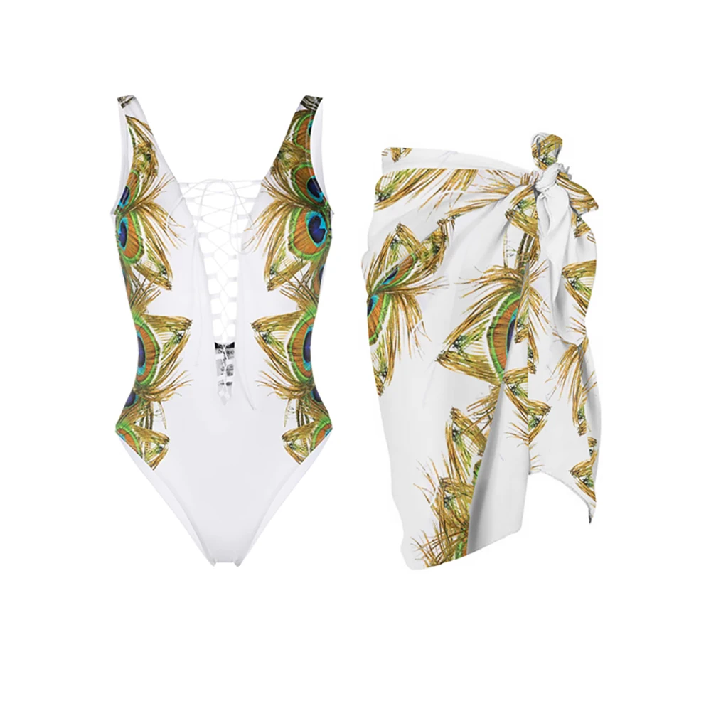 

Peacock Feather Print Lace Up One Piece Swimsuit And Cover Up Sqaure Collar Bikini Set Monokini Bathing Sui6ts Seaside Thong