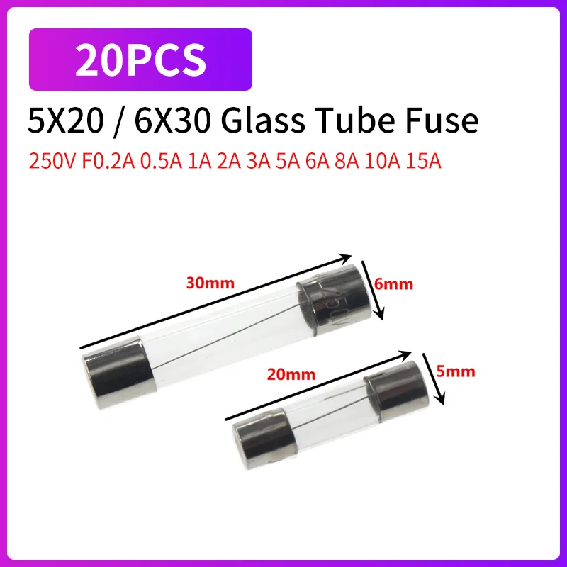 

Стеклянные предохранители 5x20 мм 6x30 мм 250В 0,1А - 30А 20 шт