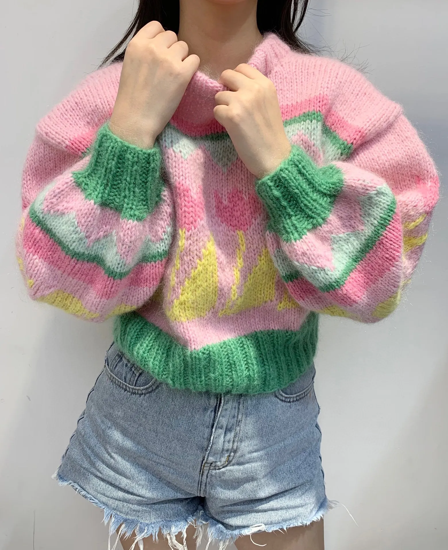

ALA Rising Floral Mohair Turtleneck Sweater Street Casual Style Puff Sleeve Pullovers Autumn Winter Women Clothes