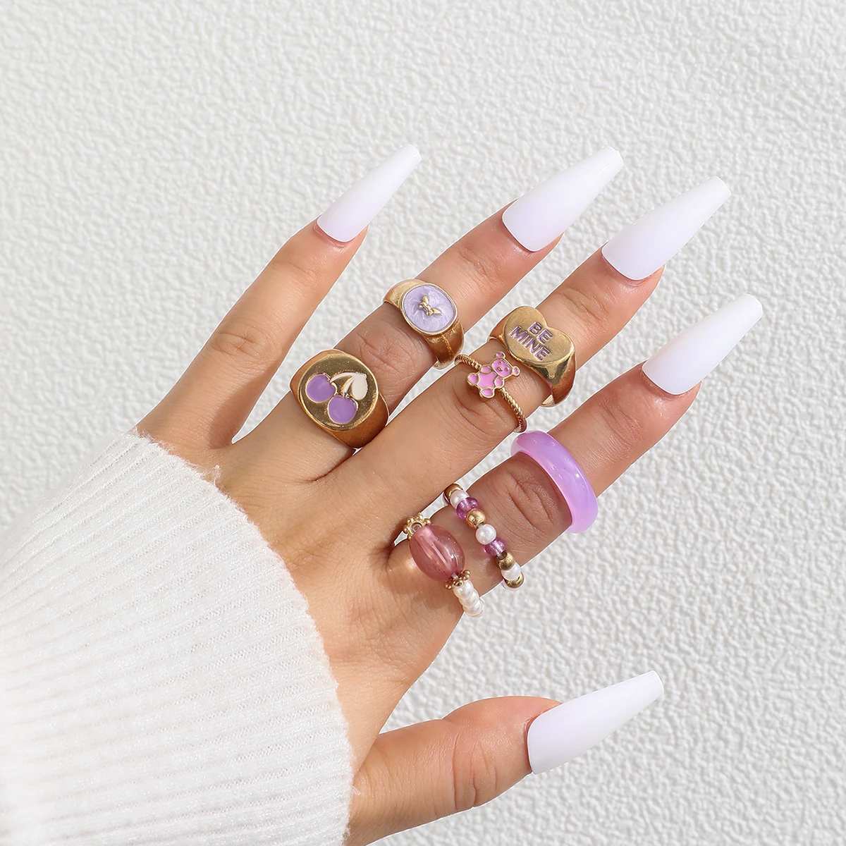 

Aprilwell 7 Pcs Y2k Cute Bear Rings Set for Women Gold Color Gothic Cherry Letter "BE MINE" Beads Anillos Female Jewelry Gifts