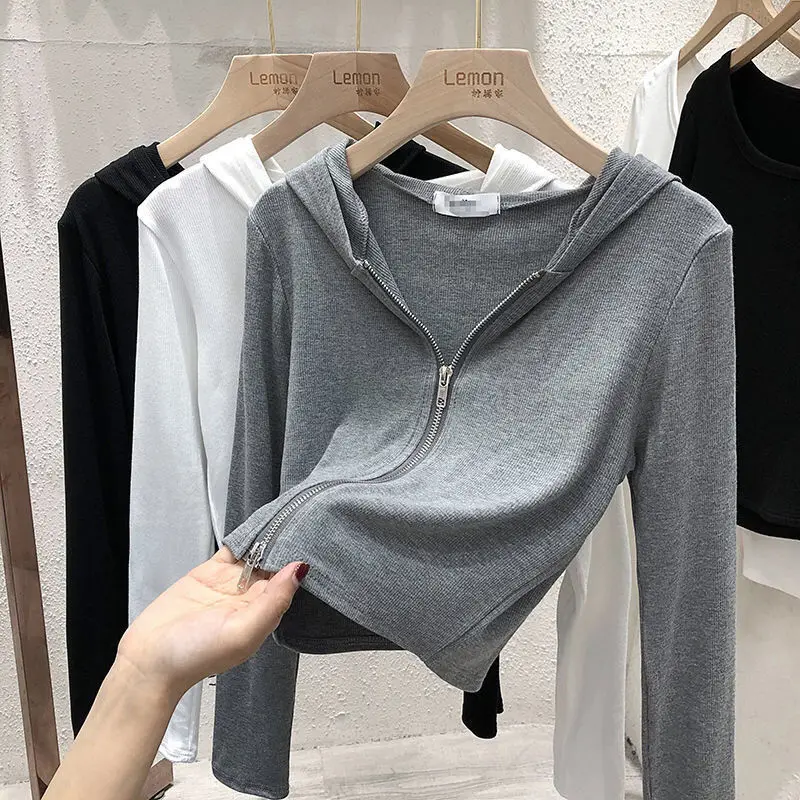 

Women's Cropped Hoodie Casual Double Zipper Chic Solid Knitted Long Sleeve Top Simplicity Cozy Sporty Short Tunic Sweatshirts