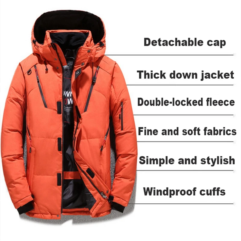 2022 Winter Snow Down Jacket Men Casual Thick Warm Parkas Hooded Coats Multi-pocket White Duck Down Windbreaker Jackets Overcoat