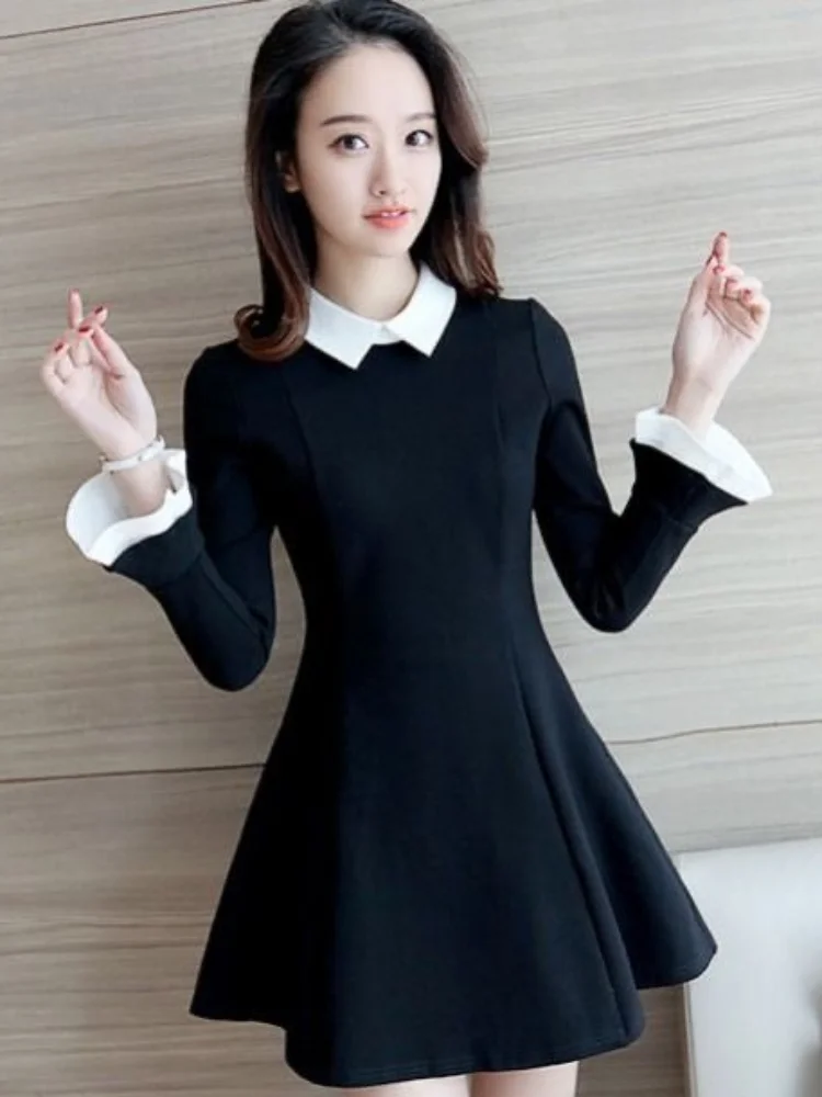 

Women Korean Vestidos Vintage School Student Black Dress Style Kpop Fashion Short Dresses Party Long Sleeve 2023 Spring Fashion