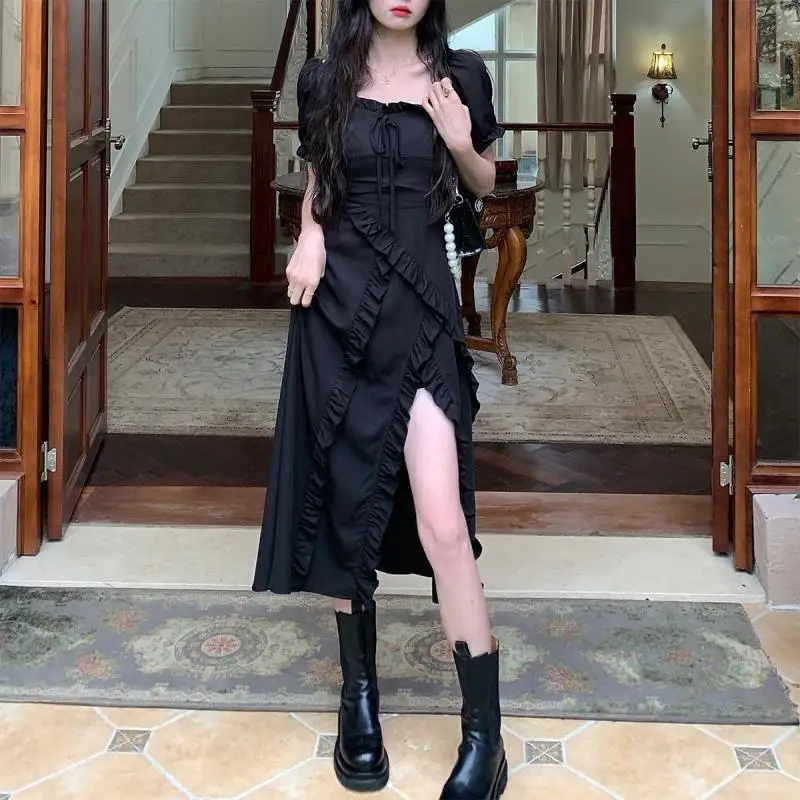 

Puff Sleeve Black Long Midi Dress for Women Girl Summer Vintage Elegant Ruffled Split Dresses Sexy Party Dress Y2k Clothing 2022