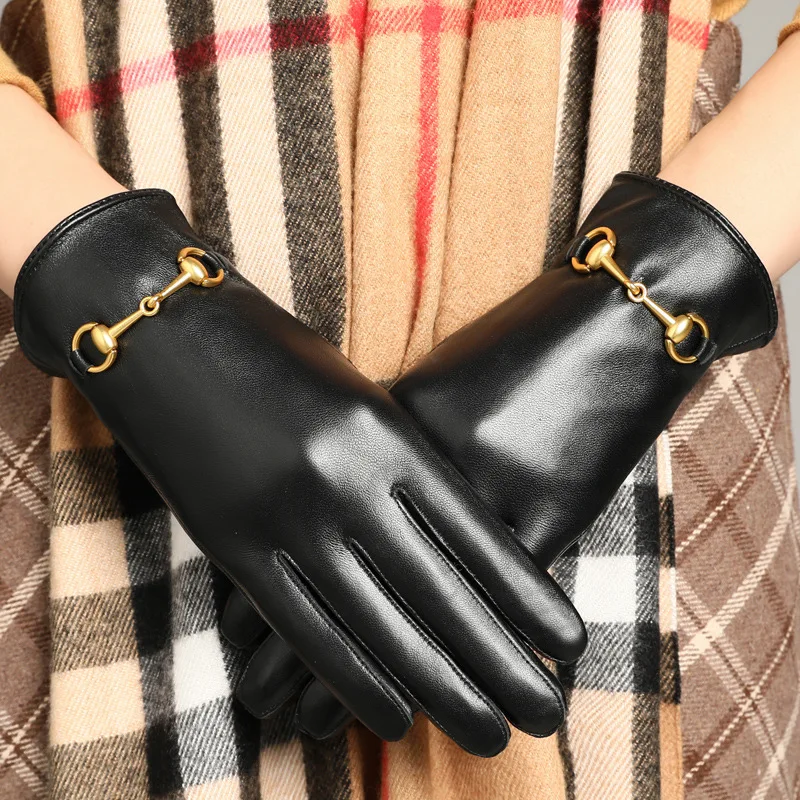 Real Leather Gloves Female Fashion Autumn Winter Plus Velvet Thermal Thicken Driving Women Sheepskin Gloves YSW0030