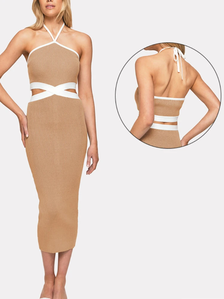 

2023 New In Women Halter Ribbed Bodycon Dress Party Strappy Backless Hollow Out Long Sexy Tight Midi Dress Slim Clothing