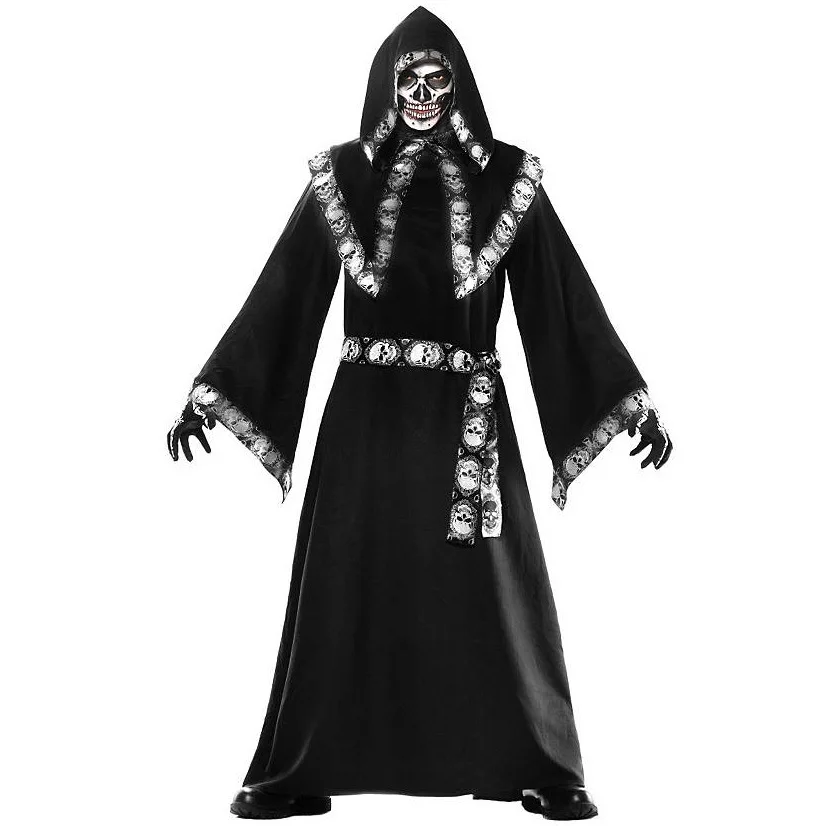 

Halloween Man Witch Cosplay Costume Black Long Toga Hood Capt Outfit Adult Medieval Wicked Witch Fancy Dress