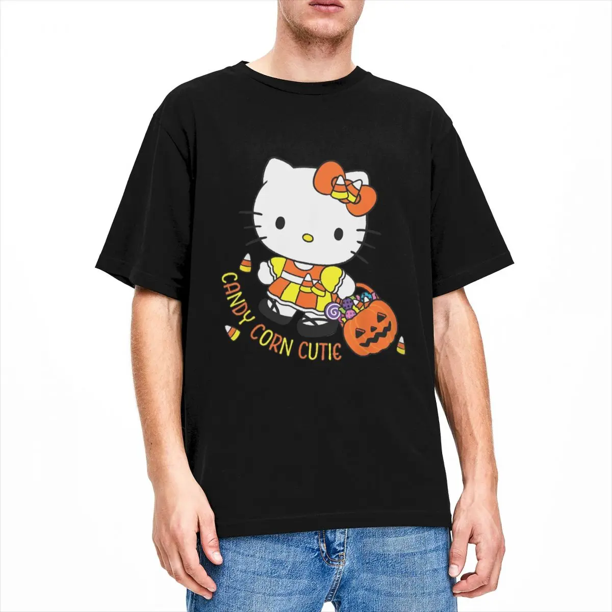 Мужские футболки на Хэллоуин Hello Kitty Candy Corn Cutie хлопковые летняя футболка с