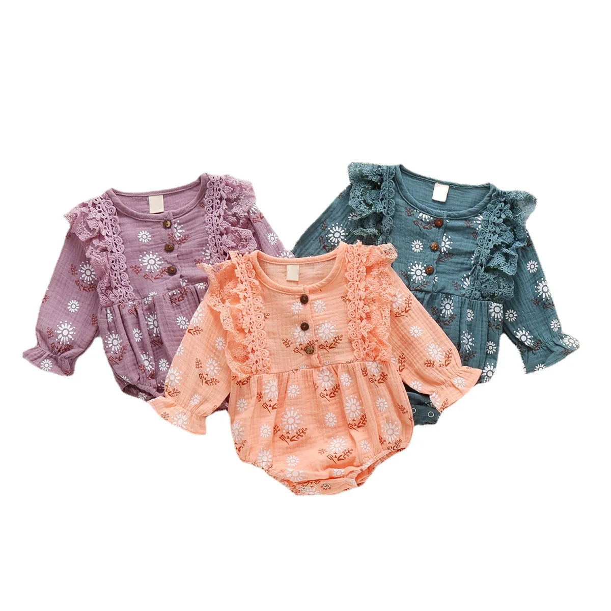 

Baby Girl Romper Floral Print Long Sleeve Lacework Cotton Linen Girls Jumpsuits Newborn Infant Toddler Clothing