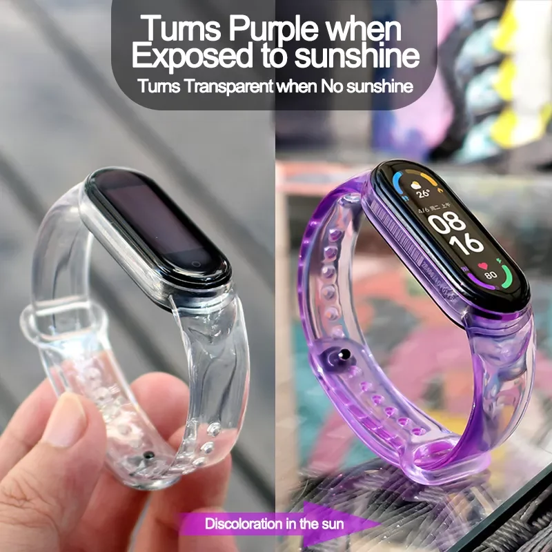 

Discoloration Watch Band For Xiaomi Mi Band 3 4 5 6 Silicone Transparent Strap Color changing by light Replacement Wristband