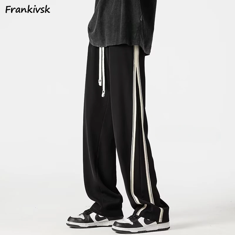 

Solid Pants Drawstring Baggy All-match Leisure Side Stripe Korean Style Comfortable Summer Simple Trendy Chic Women's Trousers