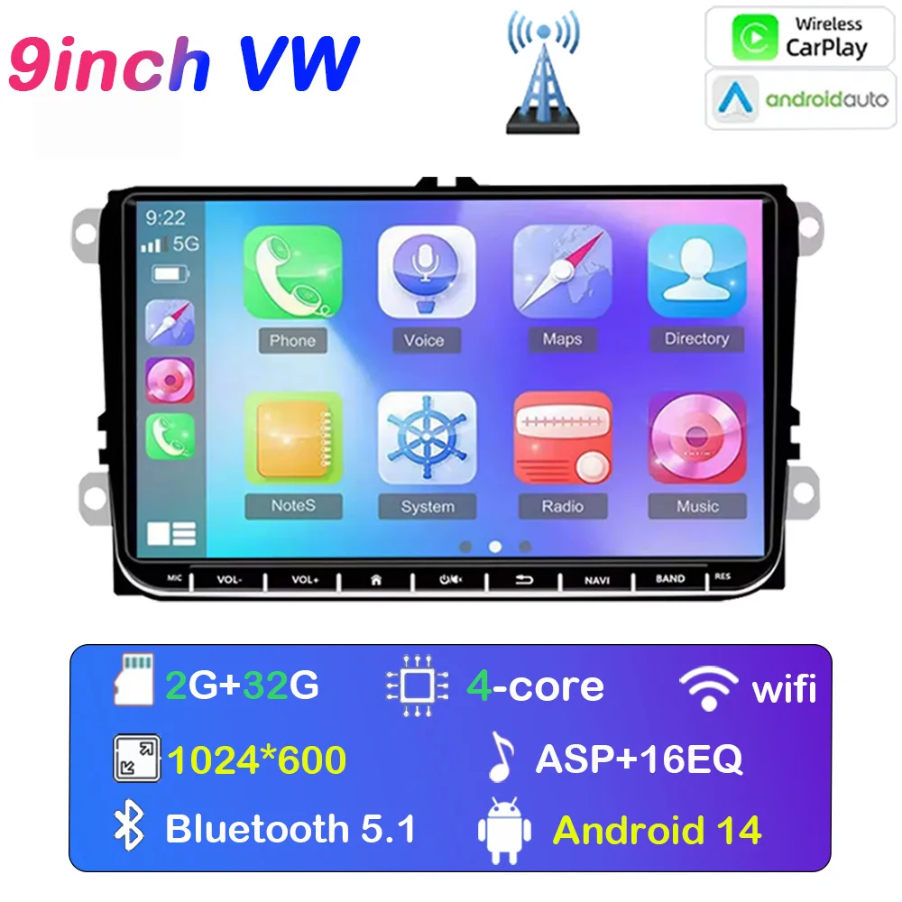 

9-дюймовый Автомобильный Мультимедийный Плеер Double Din На Android 14 С GPS, Wi-Fi, Bluetooth Для Volkswagen Golf, Polo, Tiguan