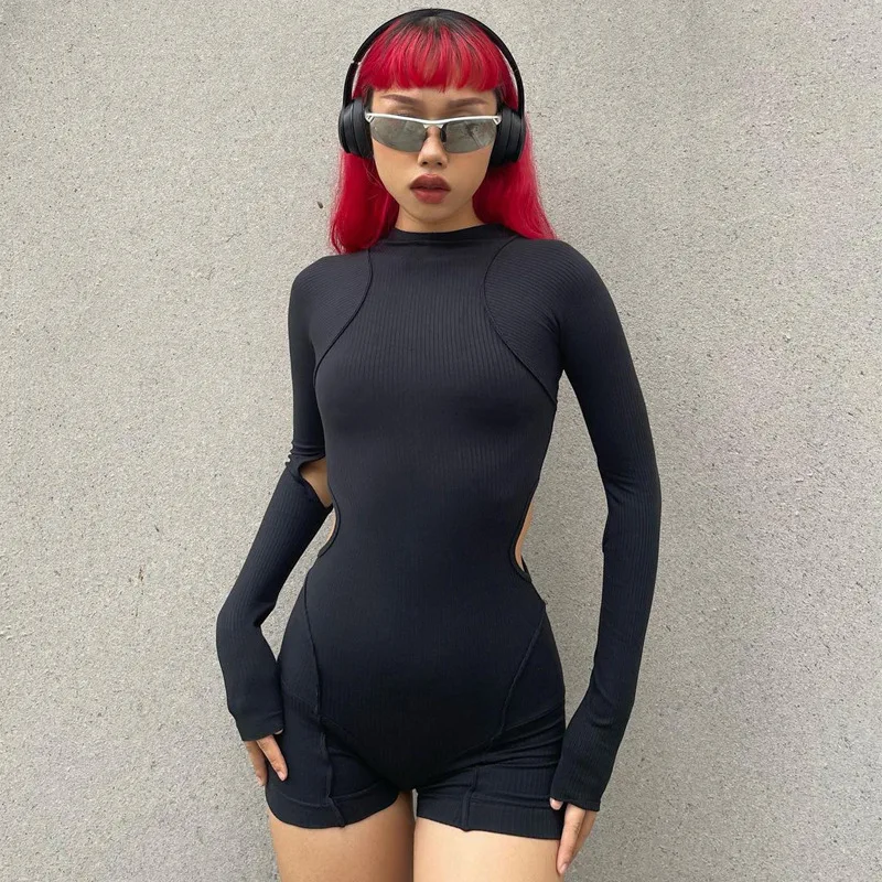 

Black Hollow Out Long Sleeve O-Neck Bodycon Skinny Playsuit Ribbed Sexy Club Sporty Streetwear Romper Y2K Women Clothes Outfits