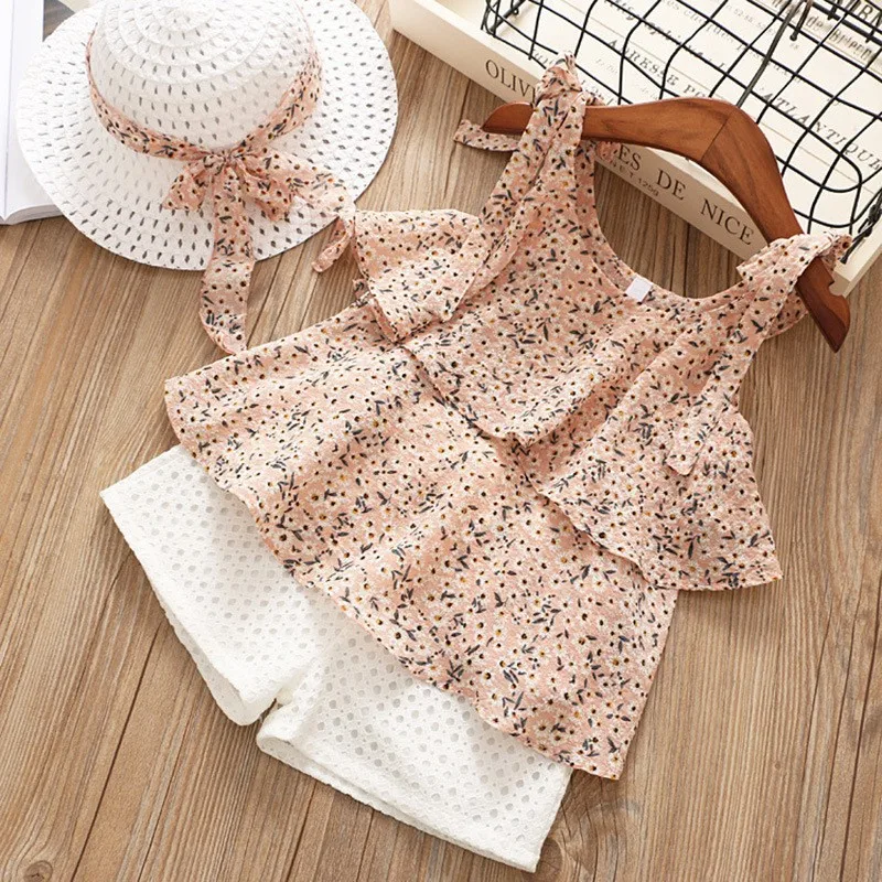 

Infant Baby Girls Outfit Set 2023 Summer Girls Hats Floral Chiffon Shirts Camisole Shorts Two-piece Set Baby Clothes New Born