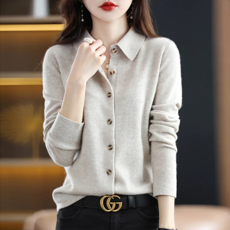 Spring And Autumn POLO Collar Sweater Knitted Shirt With Loose Long-Sleeved Non-Cashmere Cardigan Temperament Lapel Jacket
