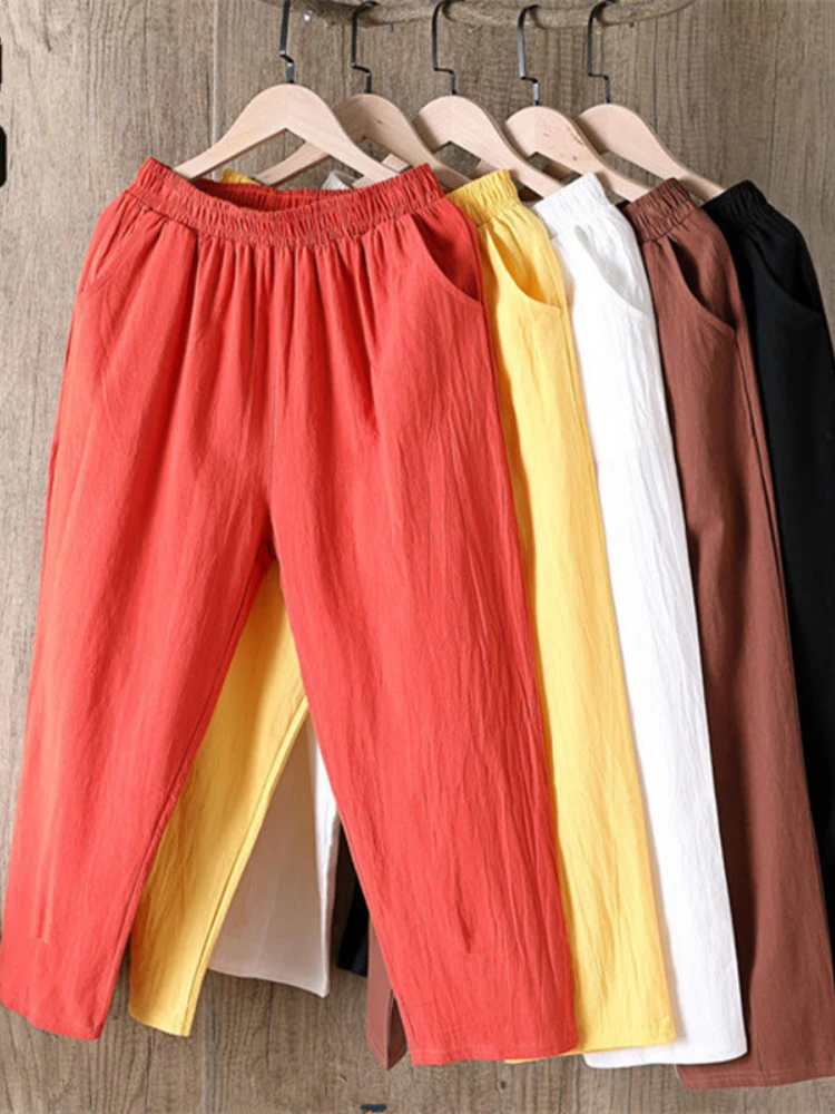 

Брюки-султанки из хлопка и льна, женские летние однотонные брюки с эластичным поясом и льняными нитями