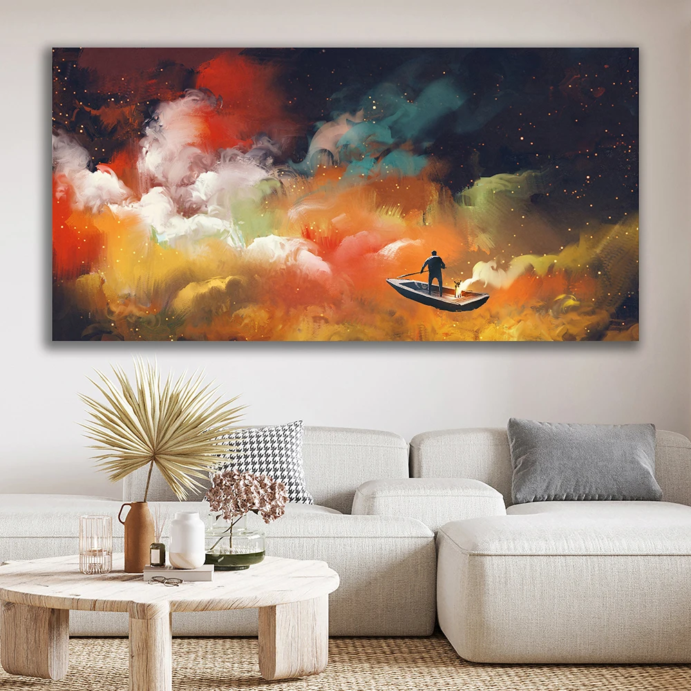 

Abstract Colorful Lake From Clouds Poster And Print Man In Boat Graffiti Canvas Painting Nordic Fantasy Wall Art Room Decor Gift