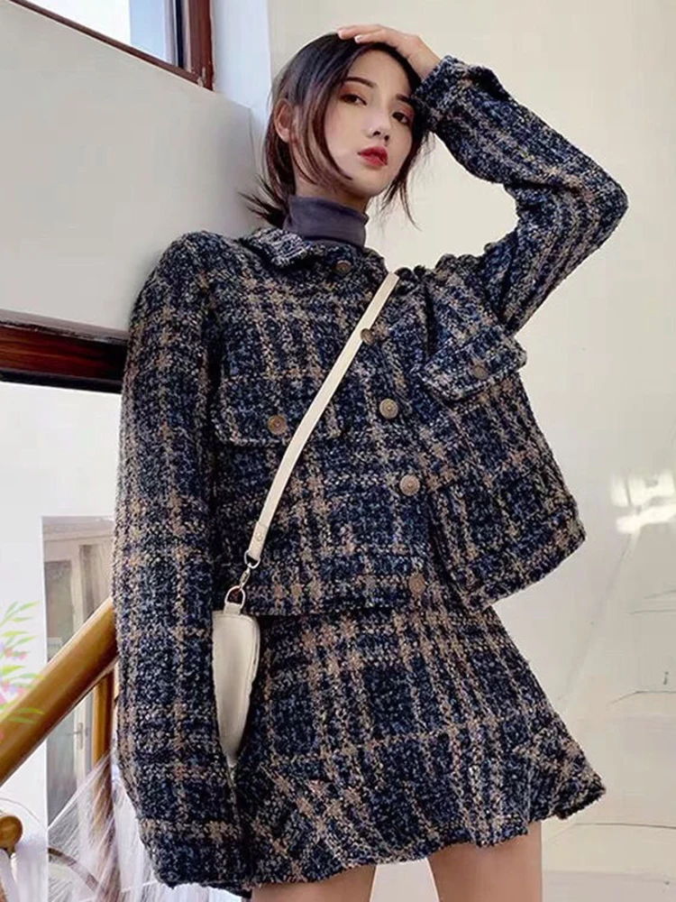 

KBAT 2023 Spring Small Fragrance Two Piece Set Vintage Tweed Jacket Long Sleeve Coat Mini Skirts Sets Korea Sweet 2 Piece Suits