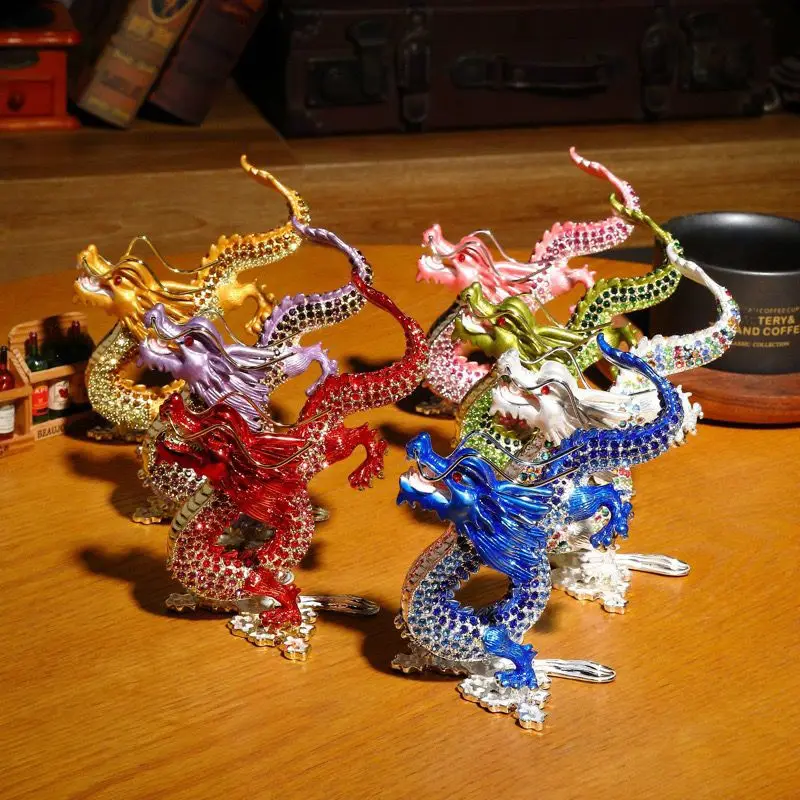 crystal dragon trinket box chinese dragon textured decorative rhinestone enamel gift display cases dragon design keepsake statue