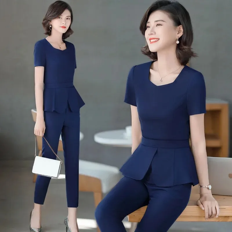 Women's Summer Thin Fashionable Elegant Short Sleeves Professional Suit Front Office Dress Pearl Jewelry Store Workwear
