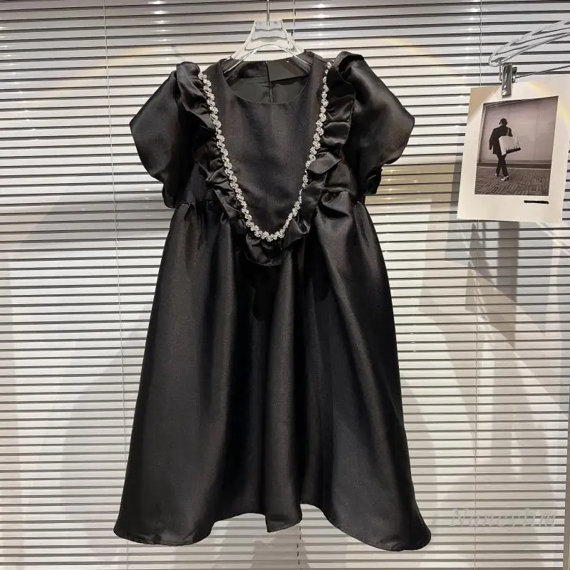 

2022 Spring Summer Dresses Womens New Classic Style Rhinestone Beaded Edge Pleated Short Sleeve Dress Girls Ladies Outfits Femme
