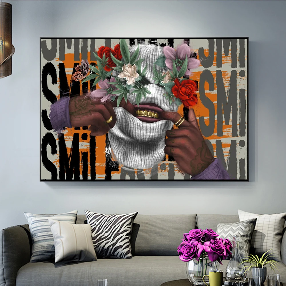 

Abstract Gold Teeth Colorful Flower Canvas Painting Wall Art Modern Smile Masked Man Poster Prints For Living Room Home Decor