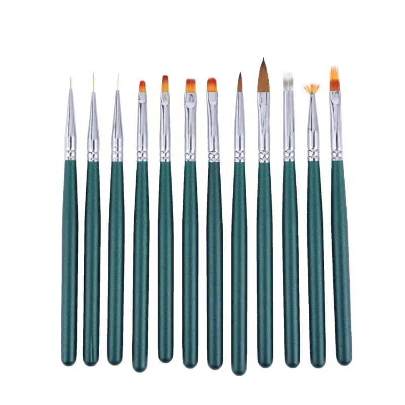 

12Pcs Wooden Nail Art Brushes For Manicure Carving Painting Line Stripes DIY Drawing Pen UV Gel Brush Blackish Green Set