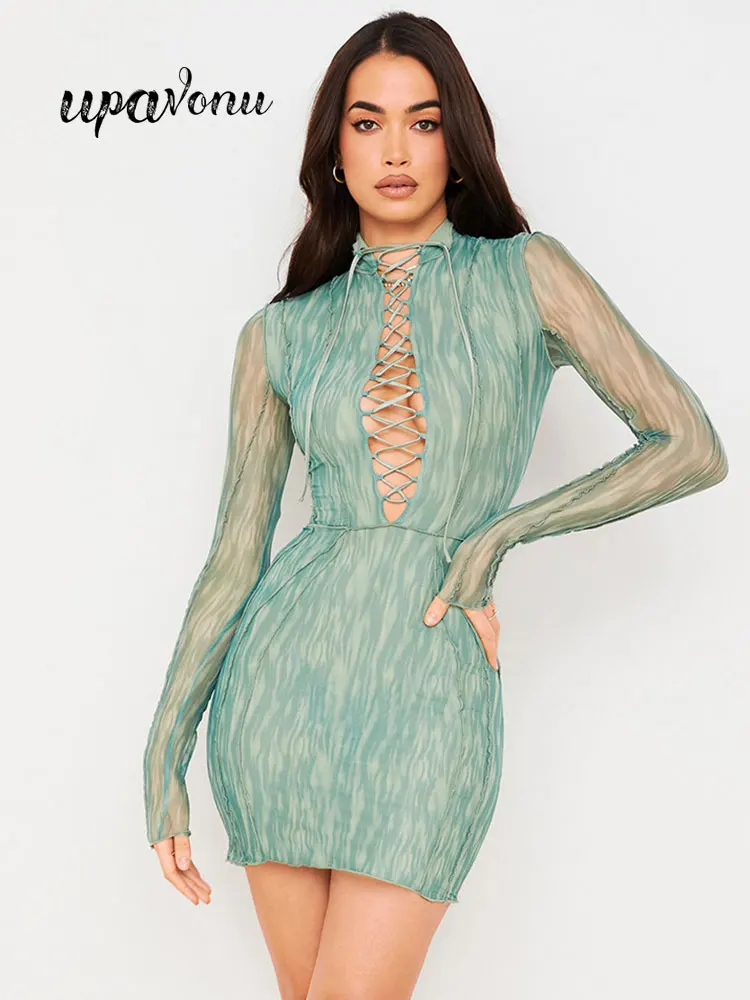 

Women's Sexy Print Dresses 2022 Summer Long Sleeves Cutout Drawstring Lace Up Tulle Mini Dresses Celebrity Evening Party Vestido