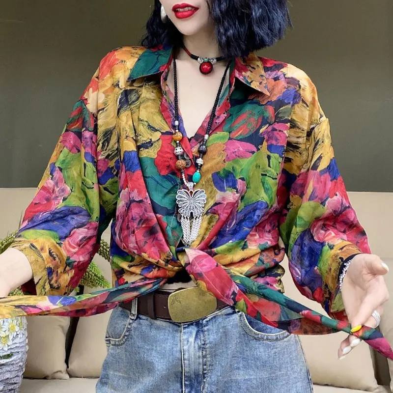 Винтажная рубашка контрастных цветов с принтом в гонконгском стиле Повседневная