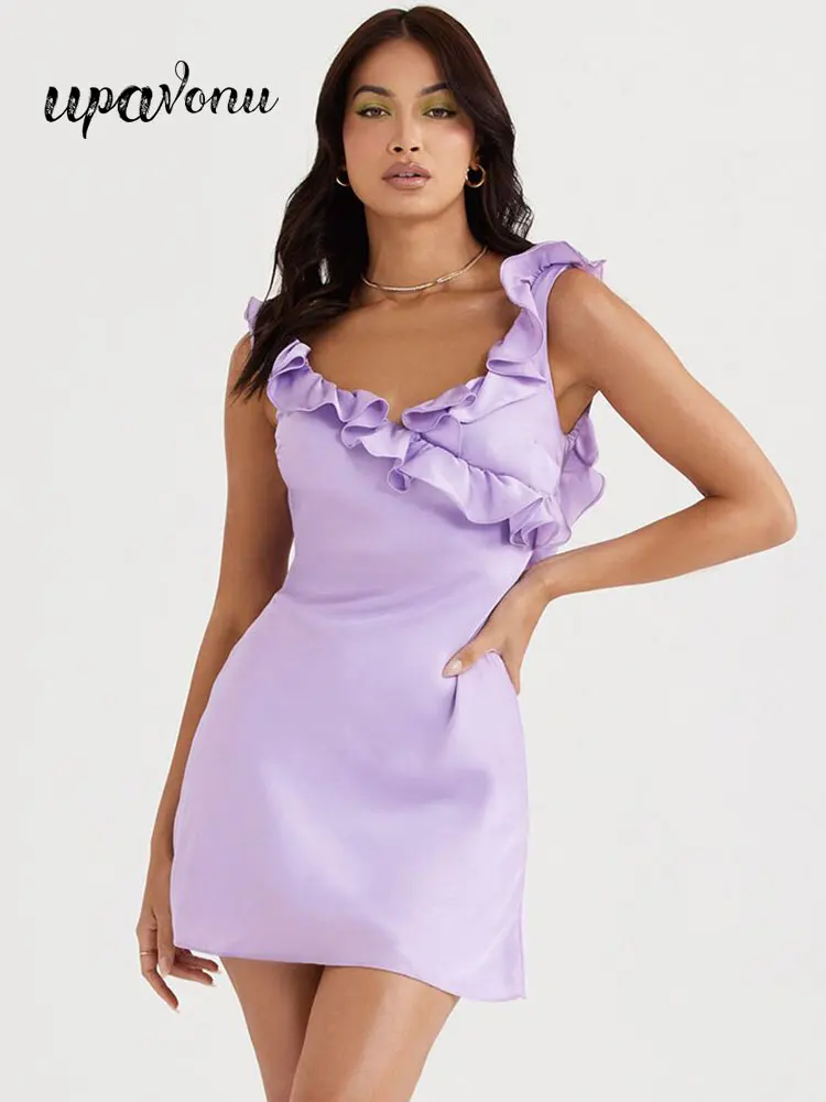 

Free Shipping Women's Summer Satin Dress 2022 New V Neck Sleeveless Ruffle Purple Mini Dress Fashion Evening Club Party Vestidos