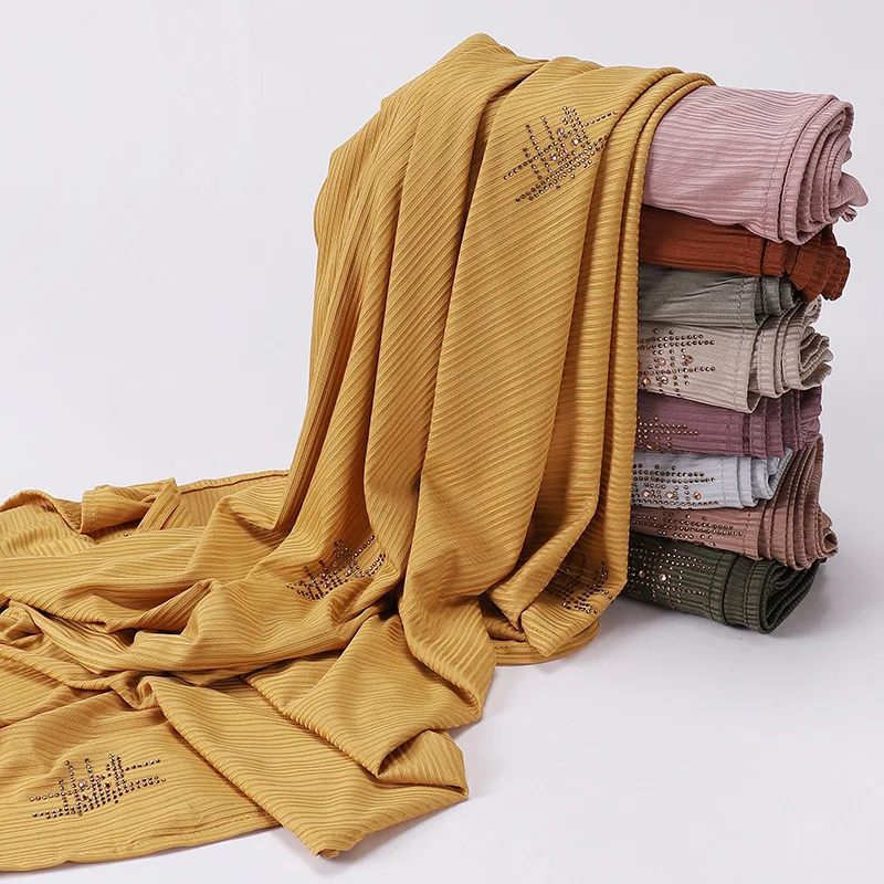 

Knitted Fabric Hijab Striped Hot Drill Muslim Cotton Linen Scarf Islamic Long Shawl and Turban Shawl Voile for Women Muslim