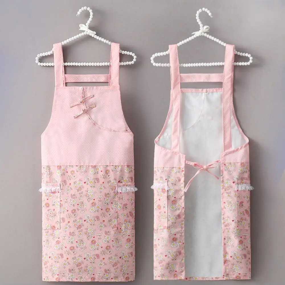 

Cooking Apron Clear Printing with Pocket Plate Button Back Strap Flower Printed Kitchen Apron Kitchen Supplies