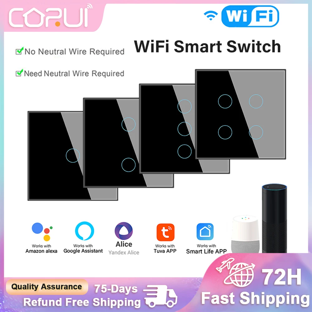 

Умный сенсорный выключатель CORUI Tuya, Wi-Fi, 1/2/3 клавиши, ЕС, RF433, 90-250 В, настенная кнопка для умного дома, работает с Alexa Google Home Smart Life