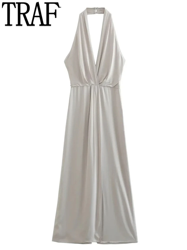 

Женский Атласный комбинезон с лямкой на шее, широкими штанинами и открытой спиной