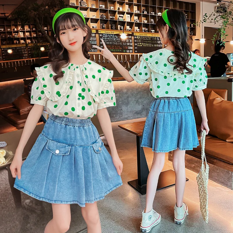 

Комплект одежды для девочек, лето 2022, рубашка в горошек с лацканами для девочек-подростков, джинсовая юбка, костюмы, модная детская одежда, н...