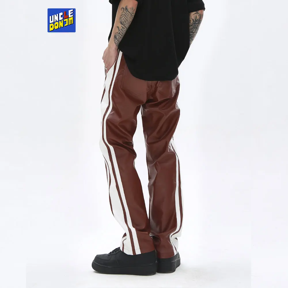 

Sde striped Pu Leather Pants Harajuku Retro Streetwear Loose Ruched Casual Trousers Straight Solid Color Black Pants