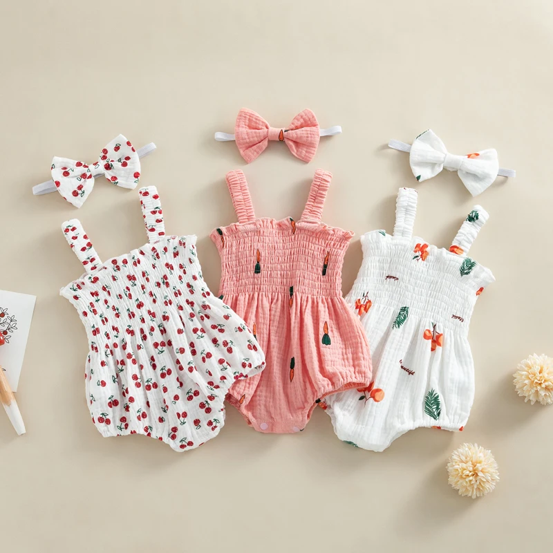 

Baby Girl 2Pcs Summer Casual Outfits, Sleeveless Cute Cherry/Carrot/Tree Print Romper with Headband 0-18Months