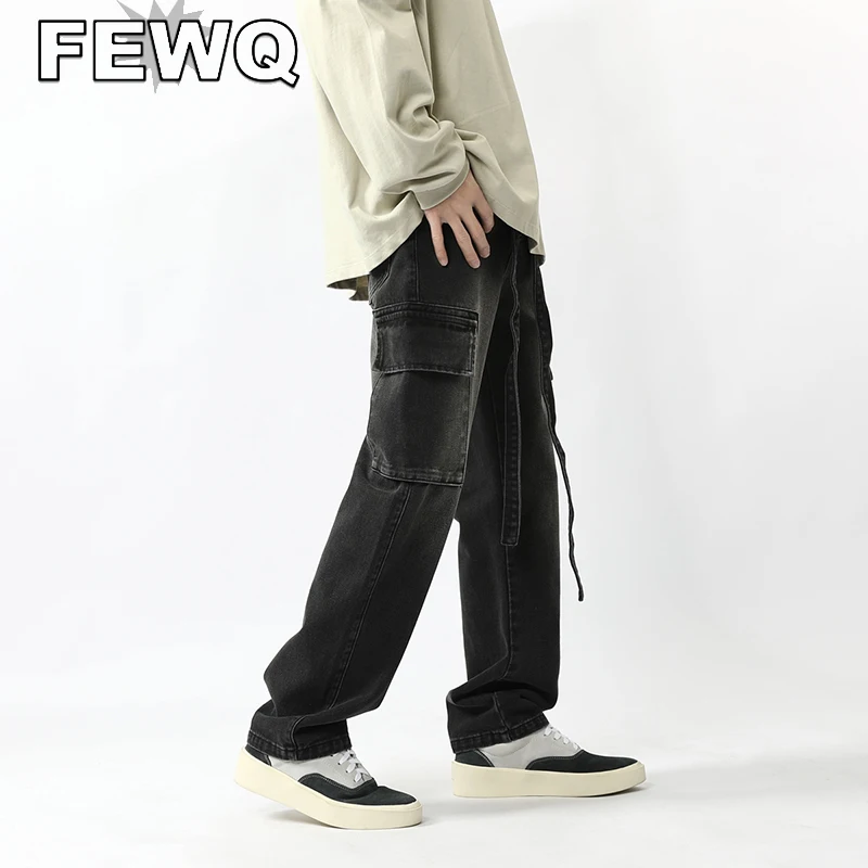 

Джинсы FEWQ мужские с большими карманами, однотонные брюки из денима в стиле сафари, повседневные штаны в стиле High Street, 24B697, весна 2023