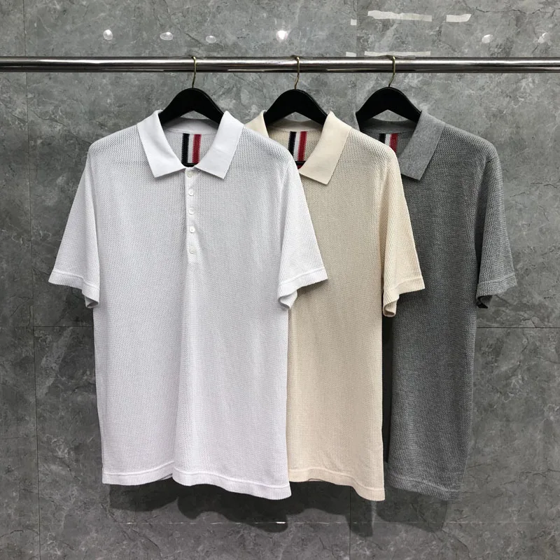 

TB THOM Men T-Shirt 2023 Summer Fashion Brand Tops Pure Cotton Center Back Stripes Blouses Casual Breathable Polo T-shirt