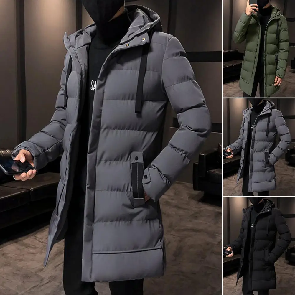 Autumn Winter Men Jacket Cotton Padded Hooded Long Sleeve Drawstring Mid-length Windbreaker for Daily Wear