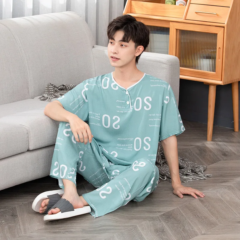 Men's Pajamas Summer Short Sleeve Cotton Silk Thin Pajamas Oversize Round Neck Men's Suit Home Clothes