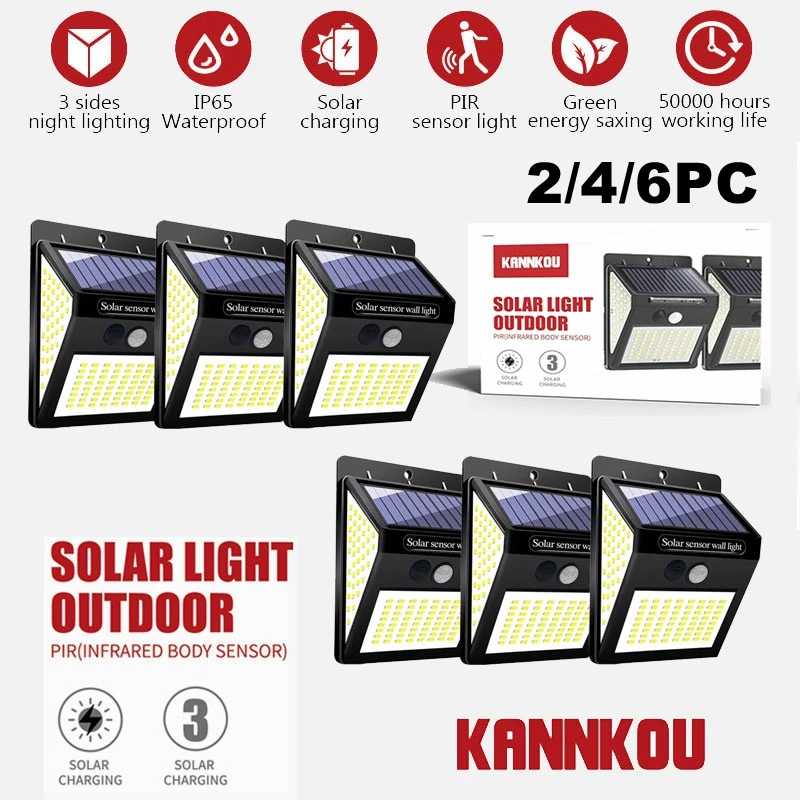 KANNKOU  Solar Lights Outdoor 2/4/6PC 150LED PIR Motion Sensor IP65 Waterproof Outdoor LED Wall Light